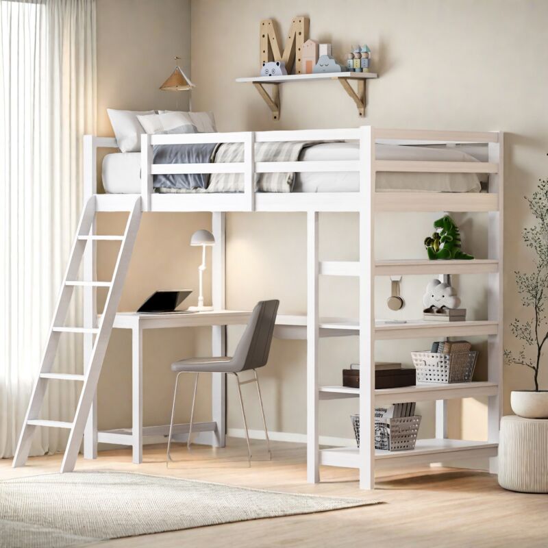 Lit mezzanine 90 x 200 avec bureau et étagère de rangement,lit mezzanine 1 place avec sommier à lattes,lit simple enfant,barrière de lit haute,cadre