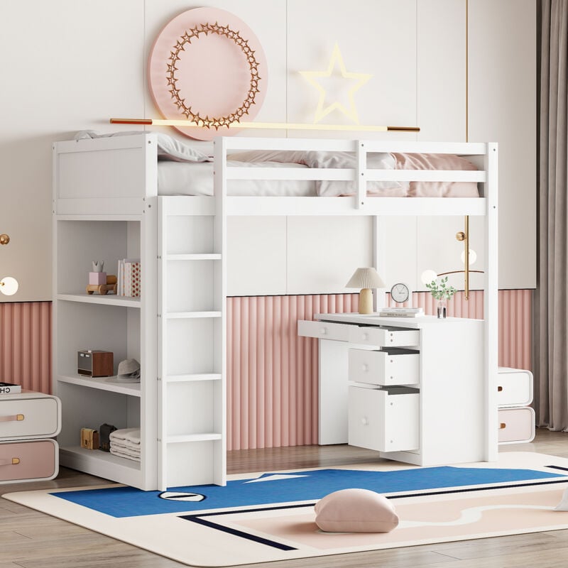 Okwish - Lit mezzanine 90 x 200 cm avec armoires de rangement et table d'ordinateur, lit mezzanine enfant multifonctionnel en bois blanc