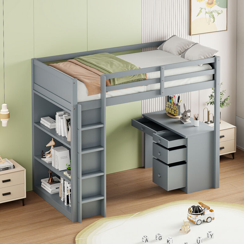 Okwish - Lit mezzanine 90 x 200 cm avec armoires de rangement et table d'ordinateur, lit mezzanine enfant multifonctionnel en bois gris