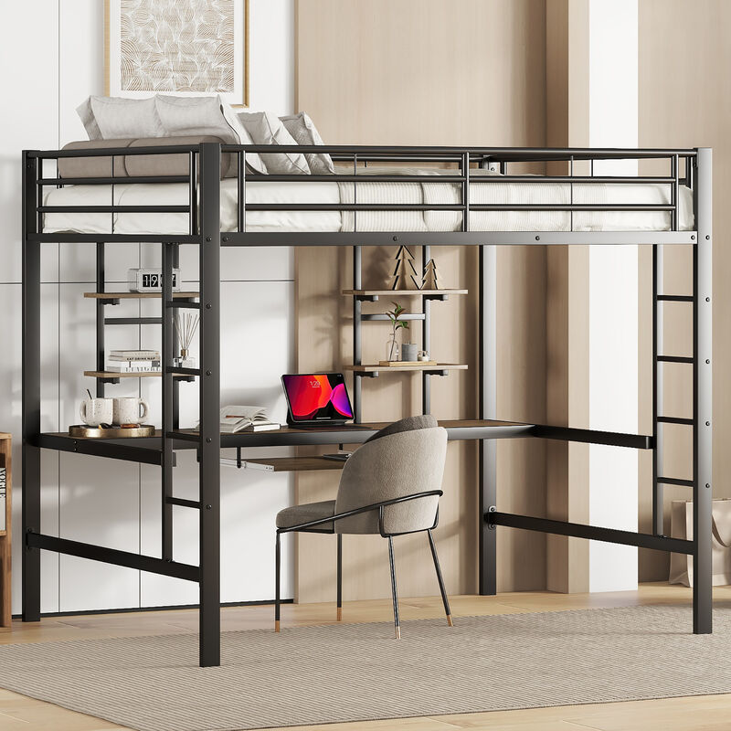 Lit mezzanine avec bureau et étagères - 140x200cm - cadre en métal - Noir