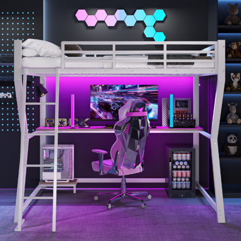 Lit mezzanine 90 x 200 cm avec bureau, étagère pour unité centrale, prise + USB, éclairage LED et structure en métal et MDF - blanc