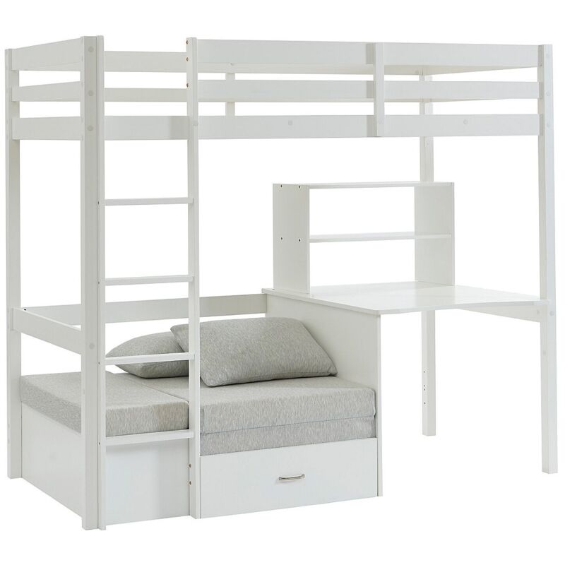 Lit mezzanine 90 x 200 cm avec bureau, sofa convertible et rangements - Pin et mdf - Blanc - goliath iii