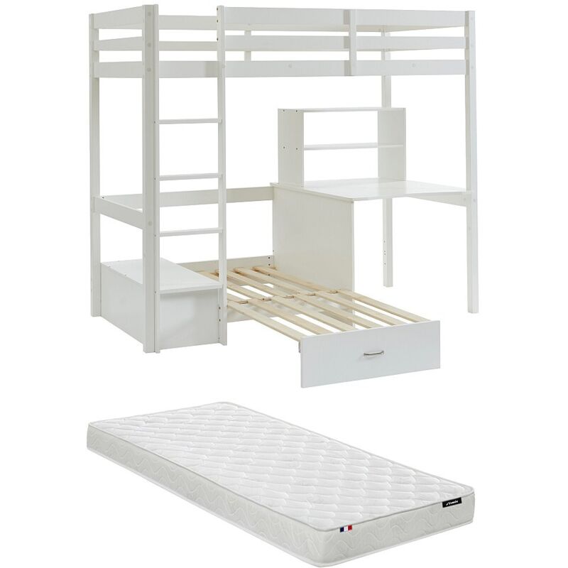 Lit mezzanine 90 x 200 cm avec bureau, sofa convertible et rangements - Pin massif - Blanchi + Matelas - goliath iii