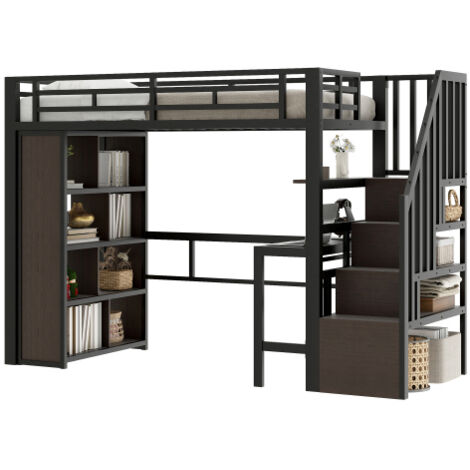 Lit mezzanine 90 x 200 cm avec éclairage led, lit adulte avec  bureau intégré, escalier avec rangement et étagère, structure en métal robuste, noir