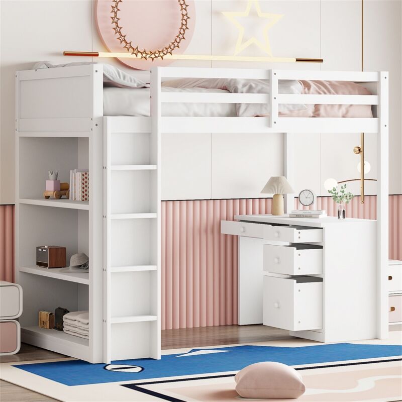 Lit mezzanine 90x200 cm avec meuble de rangement et bureau informatique, avec échelle et protection antichute, avec 4 tiroirs, pin+contreplaqué+MDF,