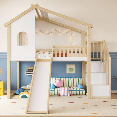 Lit mezzanine 90 x 200 cm, barrières de lit, échelle de rangement, fenêtre, toboggan, balustrade de maison, couleur naturelle + blanc