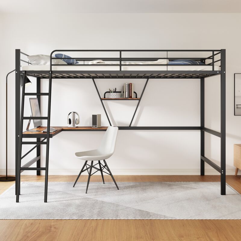Wishdor - Lit mezzanine avec bureau en forme de l, lit mezzanine ados 90x200 cm avec étagère, cadre de lit en métal, noir