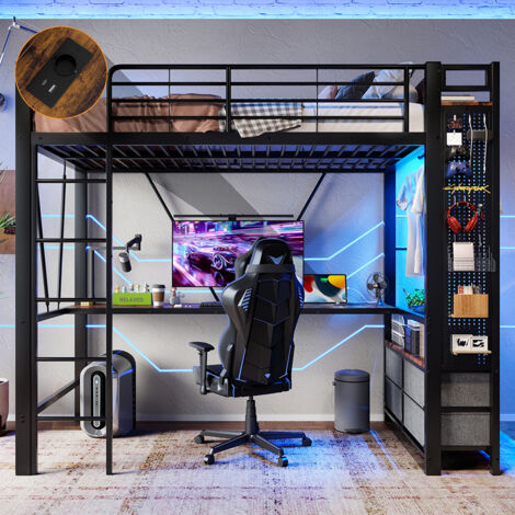 Lit mezzanine 90 x 200 cm, en fer, avec bureau, tringle à linge, étagères, tiroirs, prises USB + Type-C, bande LED,noir