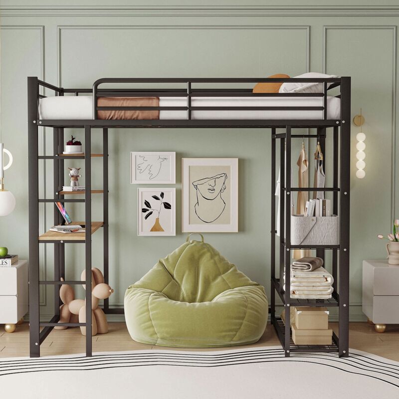 Lit mezzanine 90 x 200 cm, lit enfant avec bureau et rangement, barrière de sécurité, cadre de lit en métal, design moderne, Noir