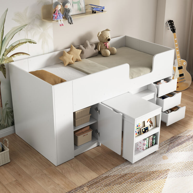 Lit mezzanine 90x200 cm, lit coffre avec échelle, bureau coulissant, armoire amovible et tiroir,en mdf, blanc, sans matelas