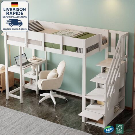 Lit mezzanine 90 x 200 cm - lit simple d'enfant avec escaliers - Étagère en pin massif avec sommier à lattes - Avec beaucoup d'espace de rangement et un bureau - Blanc