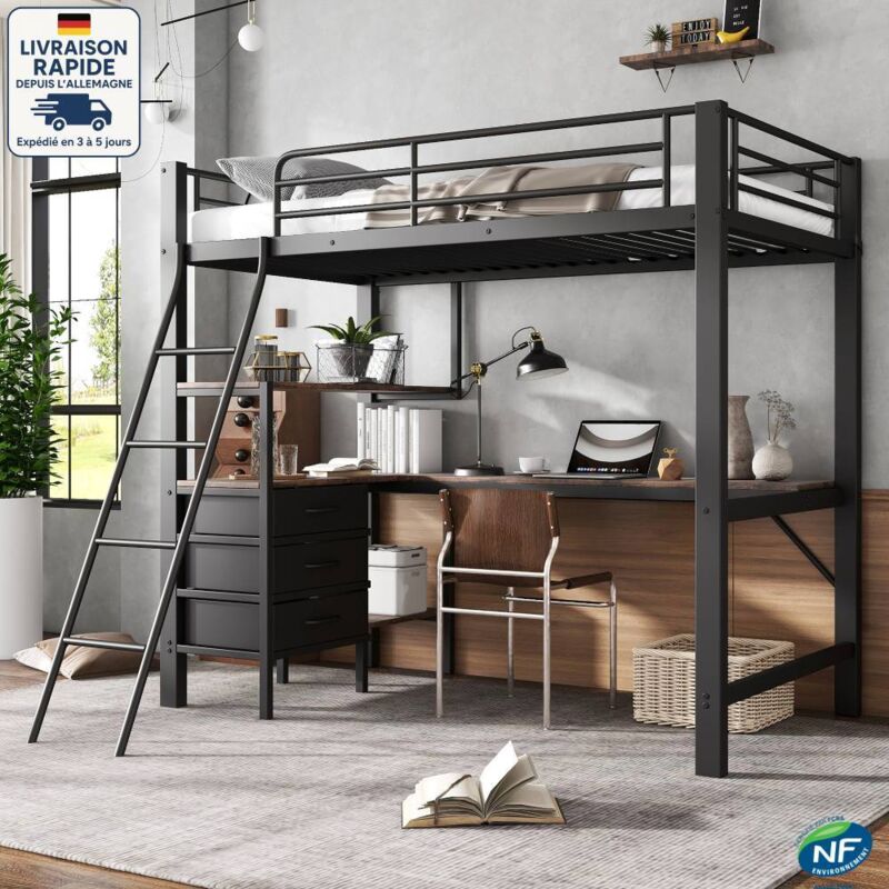 Lit mezzanine 90 x 200 cm, Lit simples pour adultes/enfants, 3 tiroirs, avec étagères et bureau d'angle, métal et aggloméré, sans matelas, noir et