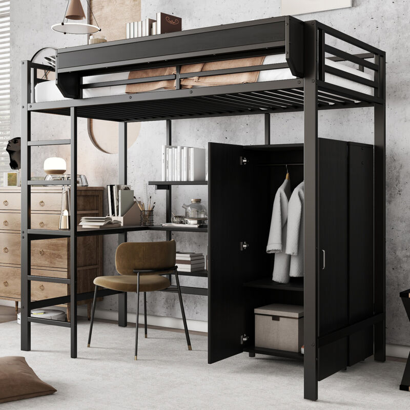 Modfu - Lit mezzanine 90 x 200 cm, Lit simples pour adultes/enfants, avec bureau, armoire, étagères, métal et aggloméré, sans matelas, noir
