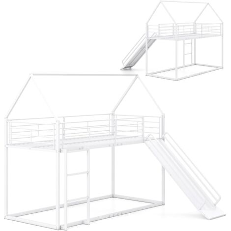 Lit mezzanine 90 x 200 cm pour enfants, avec barrière de sécurité, sommier à lattes métalliques, toboggan, escalier et espace de rangement. Lit superposé Montessori pour chambre ou dortoir (blanc).
