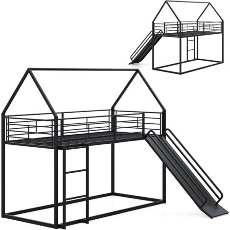 Lit mezzanine 90 x 200 cm pour enfants, avec barrière de sécurité, sommier à lattes métalliques, toboggan, escalier et espace de rangement. Lit superposé Montessori pour chambre ou dortoir (blanc).
