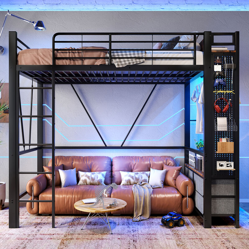 Lit mezzanine 90 x 200 cm, structure en fer, avec tringle à linge, étagères, tiroirs, prises USB + Type-C, bande LED, noir