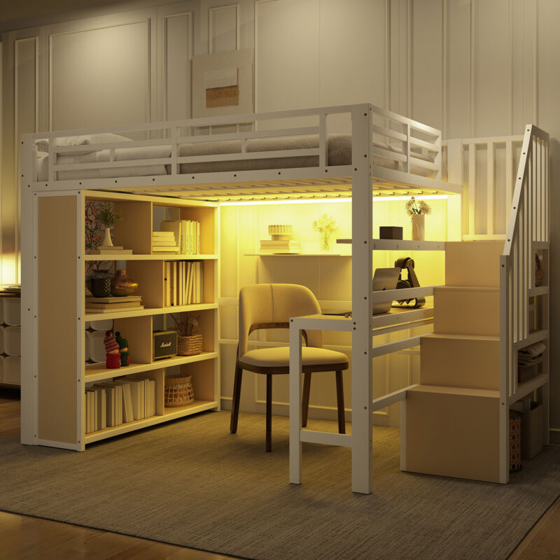 Lit mezzanine 140 x 200 cm,lit superposé,lit enfant,avec bureau, compartiment de rangement,bandeau lumineux LED,escalier avec espace de rangement