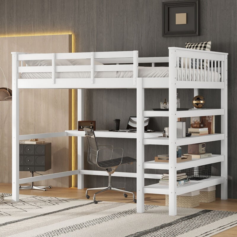Redom - Lit mezzanine, 140 x 200, lit mezzanine enfant avec rangements et bureau sous lit, sans matelas, blanc