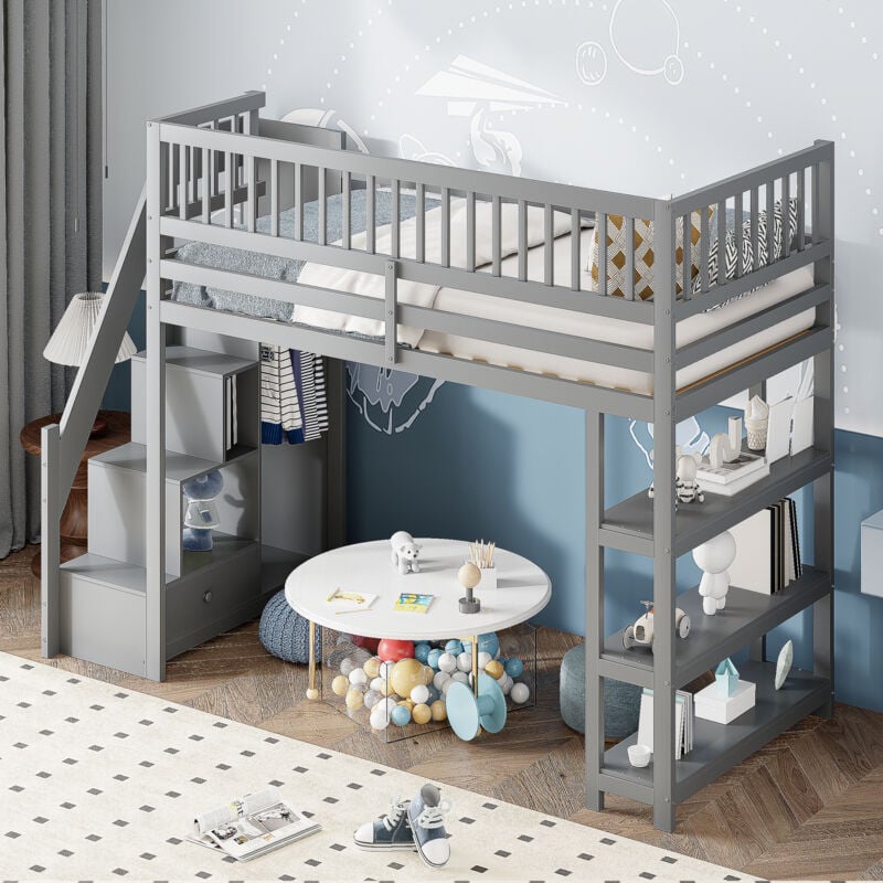 Lit mezzanine 90 x 200, meuble haut de sécurité design avec penderie, étagères et rangements avec échelle d'escalade de sécurité, lit multifonction