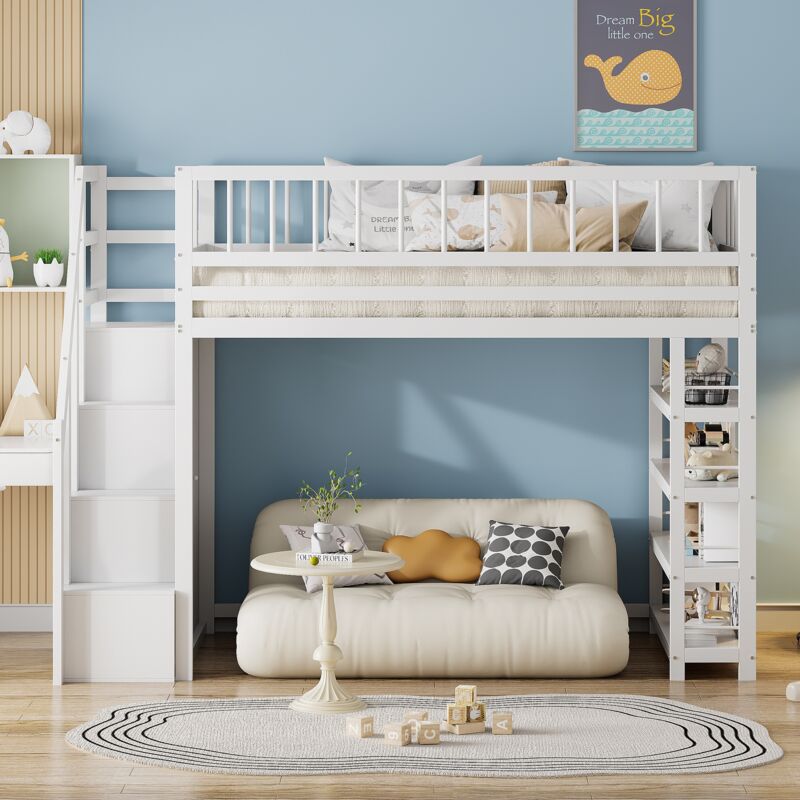 Lit mezzanine 90 x 200cm, design de sécurité haute clôture, avec armoire, étagères et espace de rangement, avec escaliers, bois massif, lit enfant