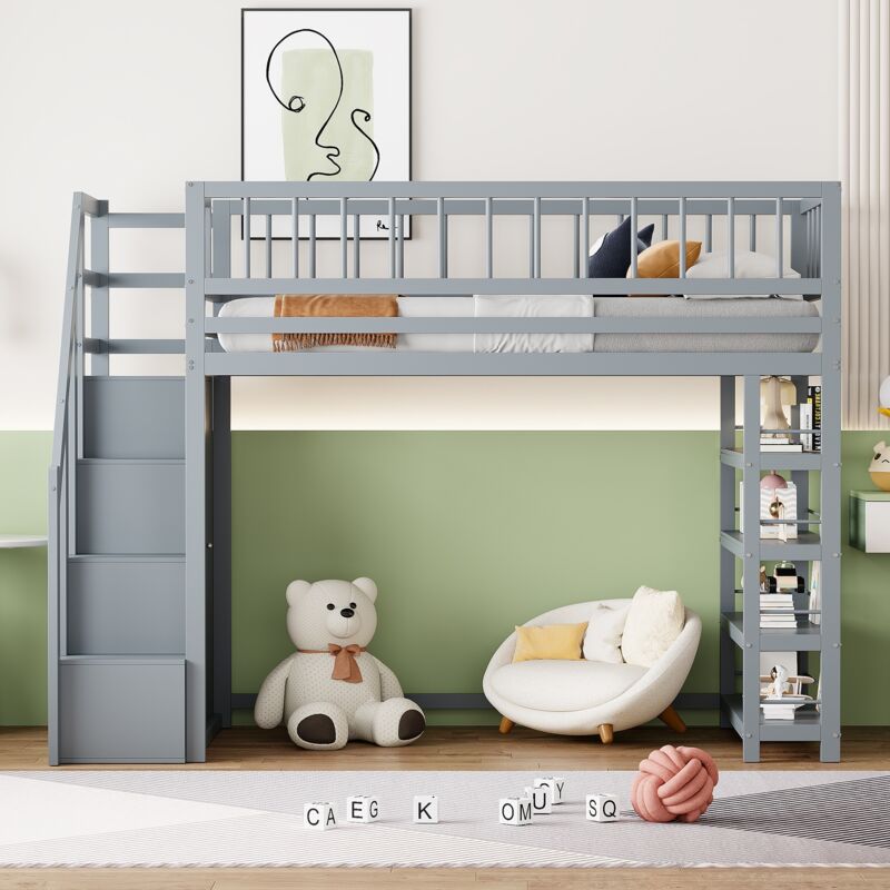 Lit mezzanine 90 x 200cm, design de sécurité haute clôture, avec armoire, étagères et espace de rangement, avec escaliers, bois massif, lit enfant