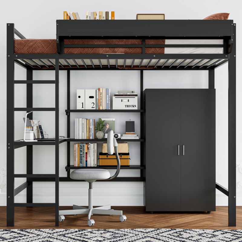 Okwish - Lit mezzanine 90x200 cm avec table, armoire, grands compartiments et échelle, en fer + aggloméré, noir
