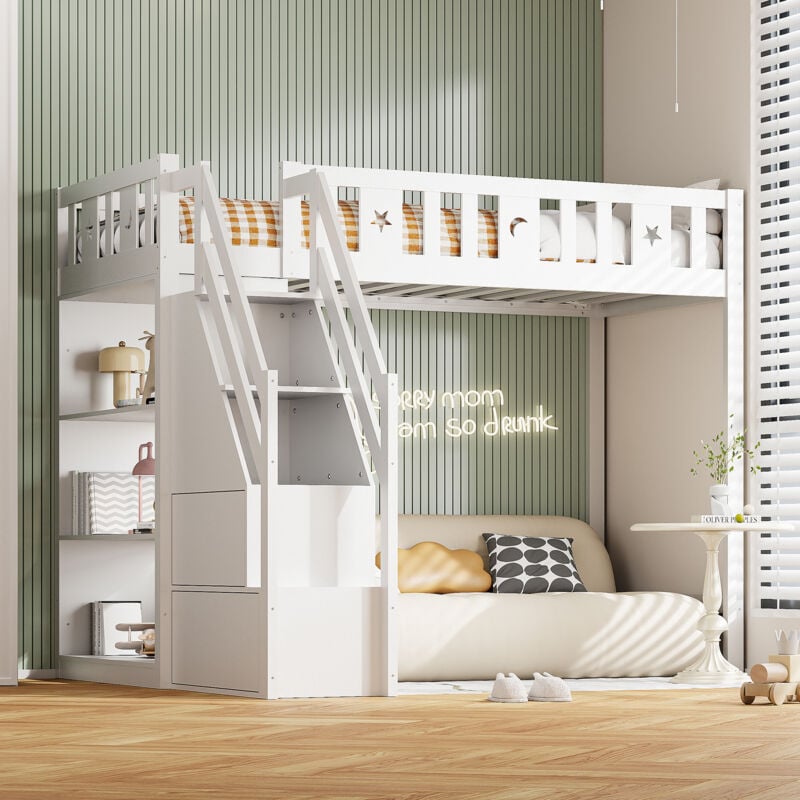 Lit mezzanine 90200 cm, avec échelle de rangement et étagères, lit simple en bois, lit jeunesse, lit enfant, structure en bois massif, blanc