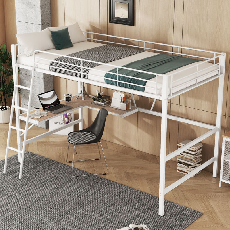 Modenvie Hochbett 90x200cm Kinderbett Jugendbett Metallbett Mit L-förmigem Schreibtisch Und Regal, mit Rausfallschutz, weiß(ohne Matratze)