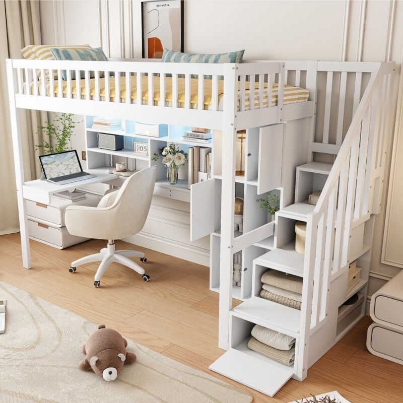 Modenvie Hochbett 90x200 Jugendbett Ohne Matratze, kinderbett Mit Ablageleiter& Regale Und Schreibtisch, einzelbett Mit Ferngesteuertes Ambientelicht, weiß