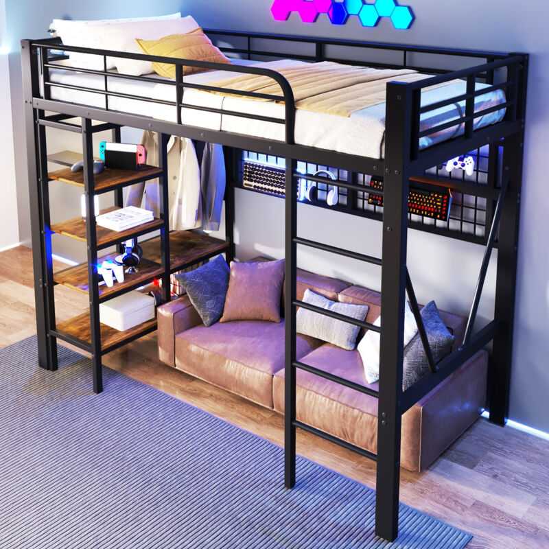 Modenvie Jugendbett Metallbett 90x200 Hochbett Mit Schubladen, hochbett Mit Led-lichtleiste, einzelbett Mit Hängende Netze Und Kleiderbügel, offener Raum