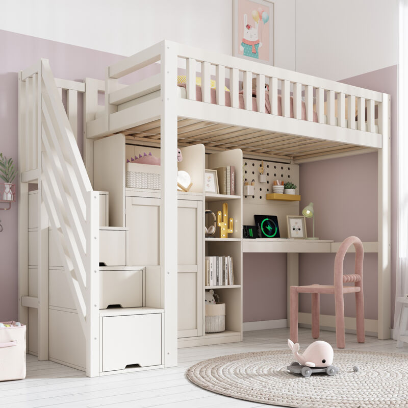 Modenvie Hochbett 90x200 Jugendbett Mit Schreibtisch Und Kleiderschrank, einzelbett Mit Usb/usb‑c Anschlüsse, bettgestell Mit Offene Regale, weiß(ohne
