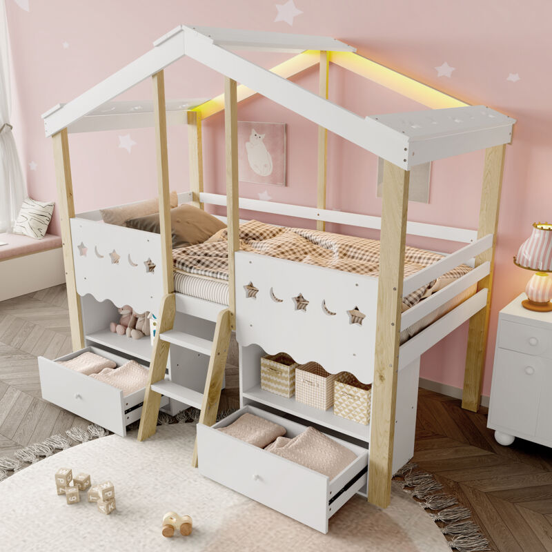 Modenvie Kinderbett 90x200cm Hochbett Mit Led-lichtleiste, ohne Matratze, holzbett Bettgestell Mit 2 Schubladen, jugendbett Auf Hausform, weiß + Natur