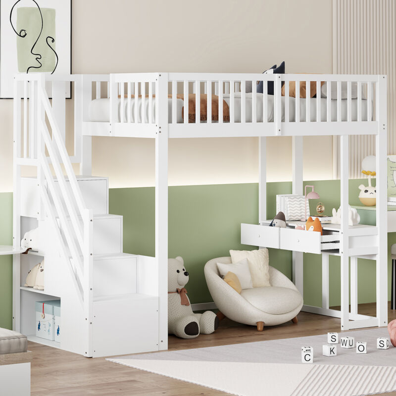 Modenvie Hochbett Etagenbett 90x200cm Mit Rausfallschutz, Stockbettmit Massivholzbett Mit Stauraumleiter Und Multifunktionstisch, Kinderbett Bettgestell Mit