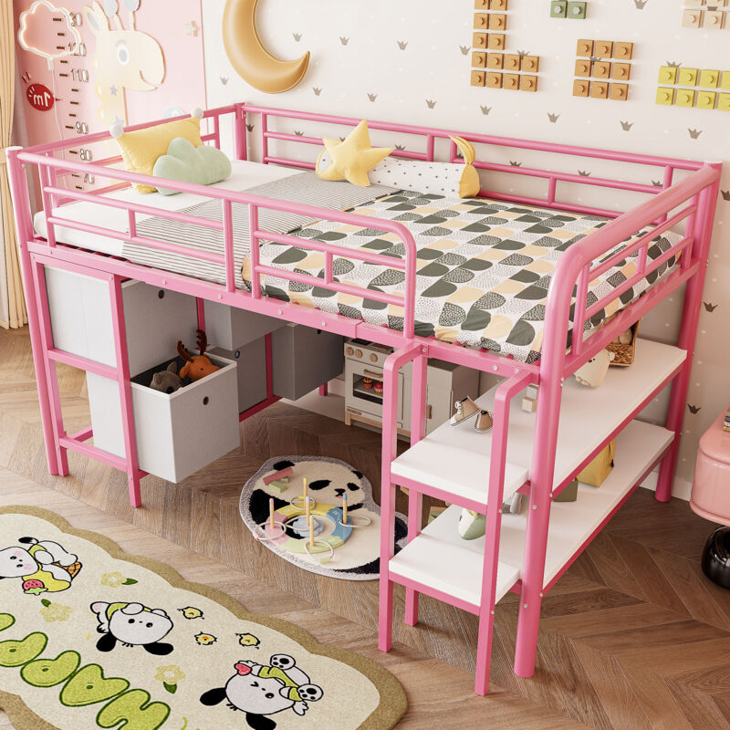 Modenvie Kinderbett 90x200 Cm Mit Stauraum & Breiter Treppe, Metallbett Mit Schubladen & Regalen & Abgerundeten Ecken, Jugendbett Platzsparend Für