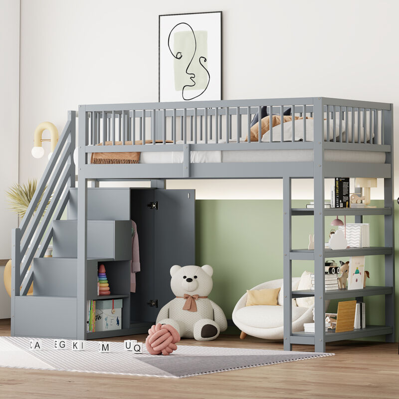 Modenvie Hochbett 90 X 200 Kinderbett Mit Kleiderschrank, jugendbett Mit Stauraum Und Sicherheitsleiter, funktionbett Mit Regalen, ohne Matratze, grau
