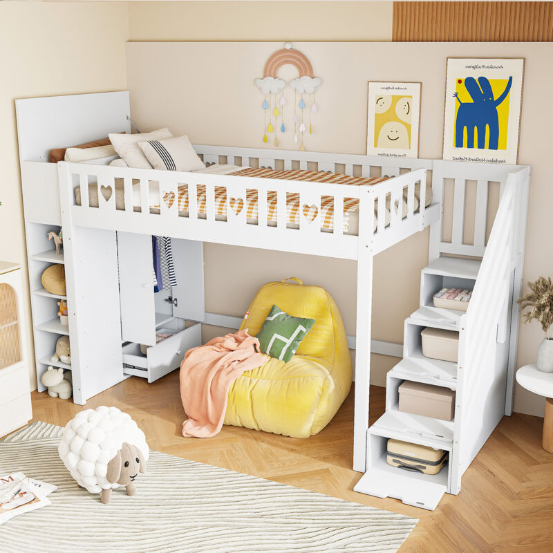 Modenvie Hochbett 90x200 Jugendbett Ohne Matratze, kinderbett Mit Stauraumleiter& Regale Und Klappbarer Stauschrank, einzelbett Mit Freiem Platz Unter Dem