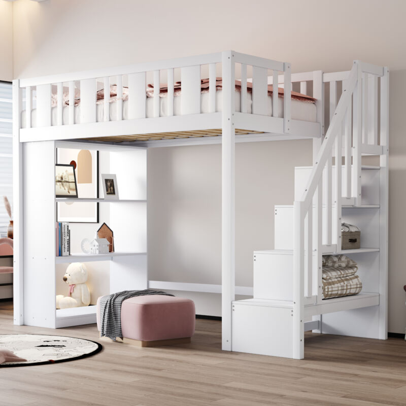 Modenvie 90×200 Kinderbett Hochbett Mit Stauraumtreppe, einzelbett Mit Großen Staufächern Und Sicherheitsgeländer, jugendbett Aus Holz, ohne Matratze,