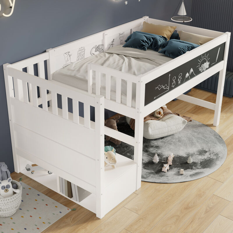 Modenvie Hochbett 90x200 Mit Tafel&ablagefach, kinderbett Mit Stauraumtreppe&rausfallschutz, holzbett Mit Lattenrost, weiß(ohne Matratze)