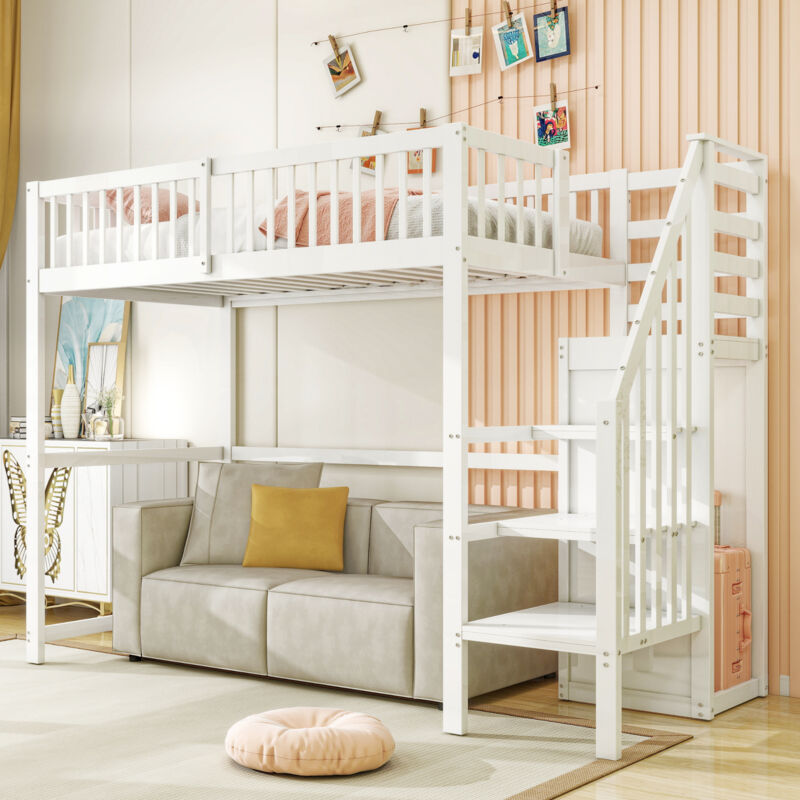 Modenvie Hochbett 90x200 Jugendbett Ohne Matratze, bettgestell Mit Treppe Und Aufbewahrungsregal, einzelbett Mit Kleiderschrank Einfacher, weiß