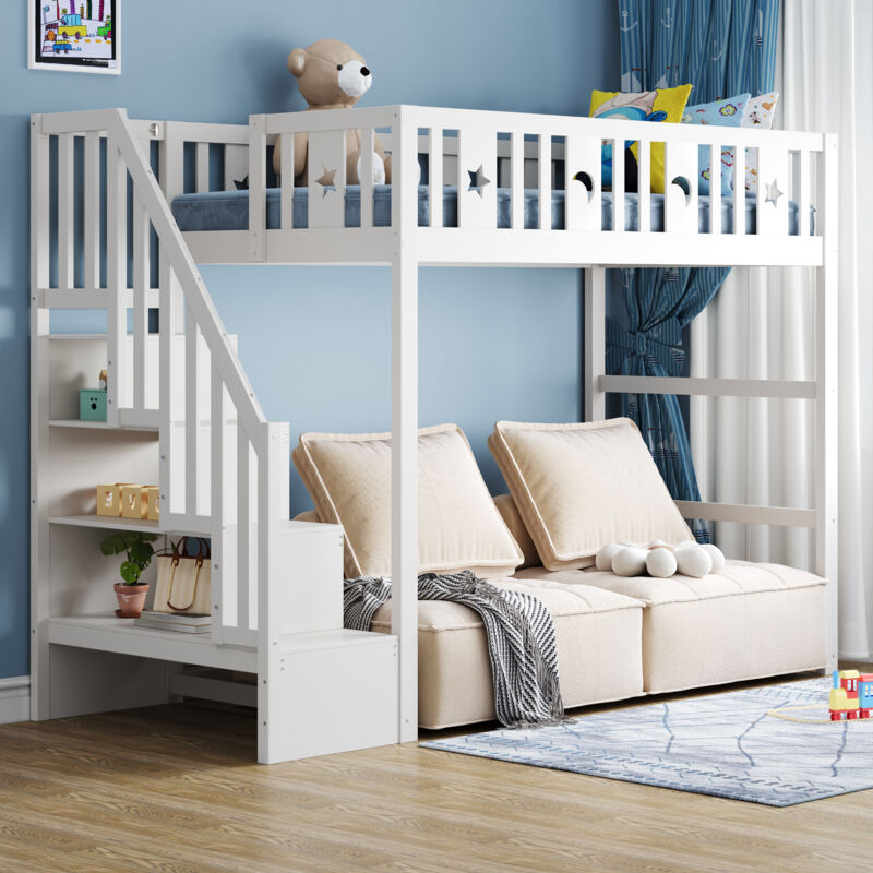 Modenvie Etagenbett Mit Sicherheitsgeländer 90×200, jugendbett Mit Treppe, hochbett Aus Massivholz, stern- Und Monddekoration, ohne Matratze, weiß