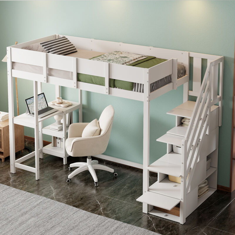 Modenvie 90×200 Hochbett Mit Ablage, etagenbett Mit Stauraumtreppe Und Lattenrost, multifunktionsbett Für Kinder Und Jugend, ohne Matratze, weiß