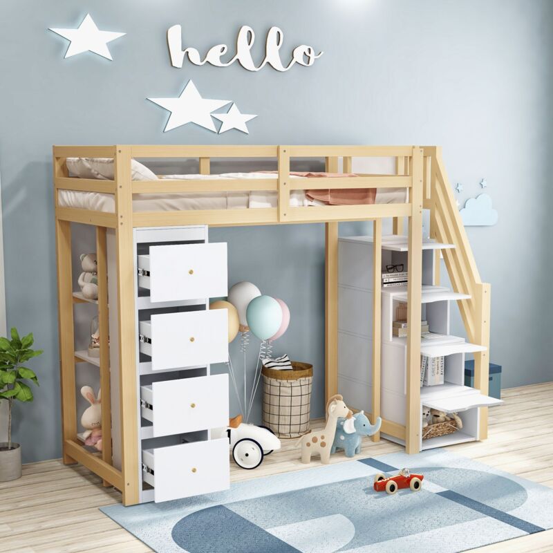 Okwish - Lit mezzanine 90x200cm lit enfant avec tiroir, étagères et échelle d'escalade de sécurité en bois massif, couleur bois, sans matelas