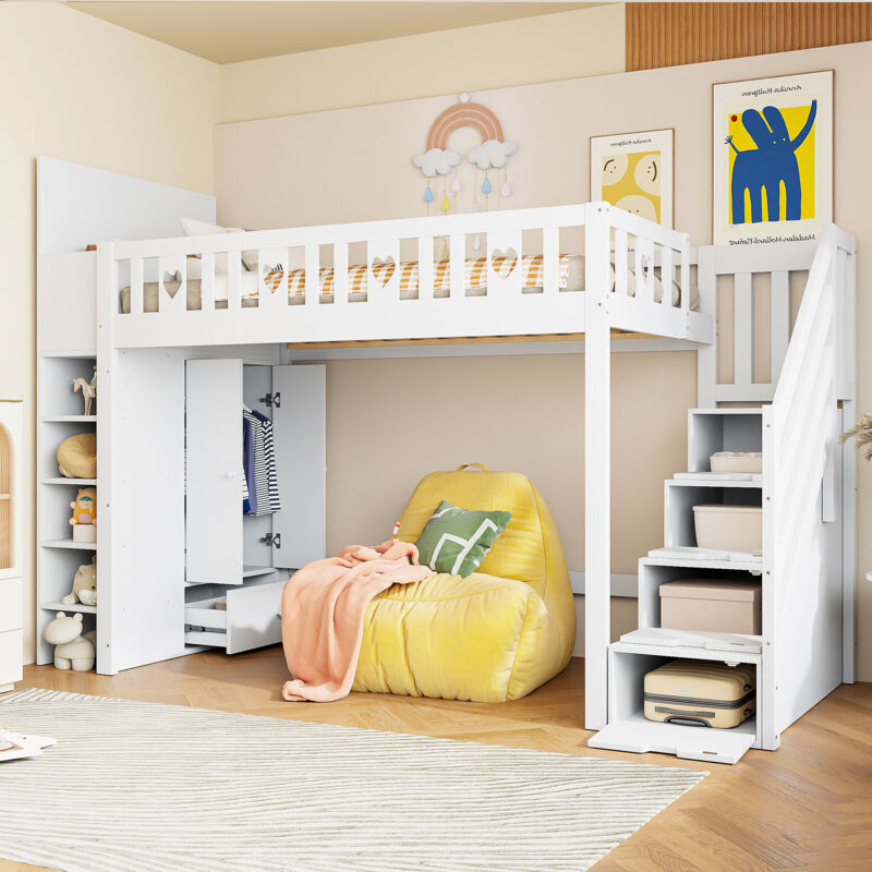 Lit mezzanine, 90200cm, échelle de rangement, étagères, placard de rangement pliable, espace libre sous le lit pour s'habiller, garde-corps en forme