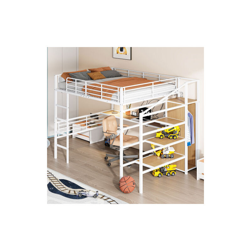 Lit mezzanine, 140x200 cm lit enfant avec bureau, armoire ouverte et marches à rangemnt, en métal, blanc, sans matelas