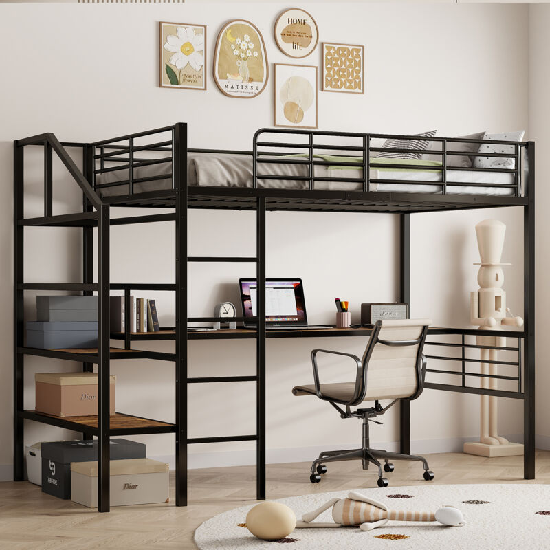 Redom - Lit mezzanine, 90200cm, sans matelas, bureau, marches de rangement, structure en fer, noir