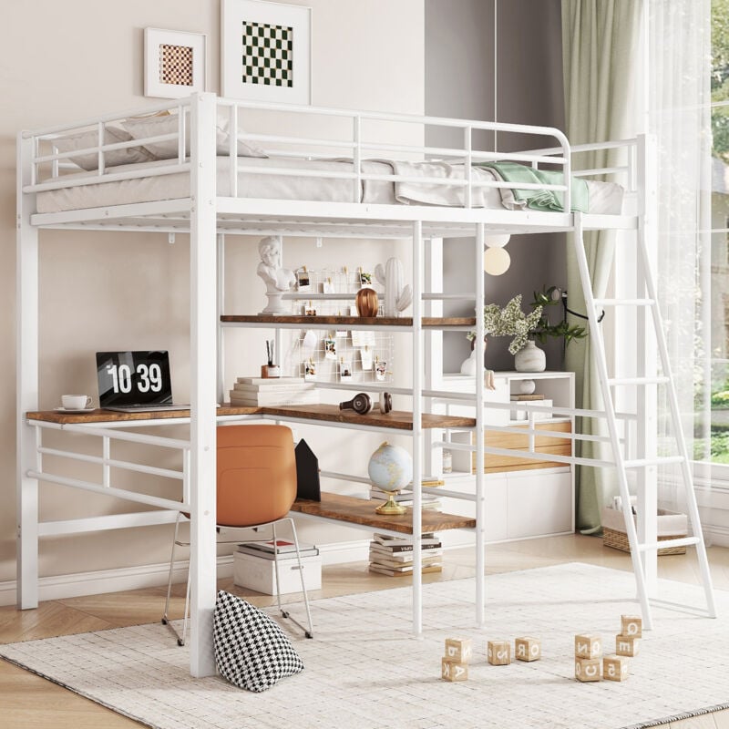 Okwish - Lit mezzanine 90x200 cm lit simple avec bureau, plusieurs étagères, balustrade et échelle, pour enfants et ados, en métal, blanc, sans