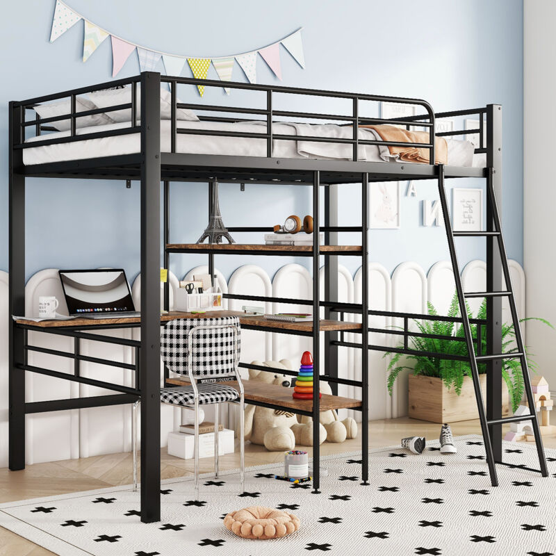 Lit mezzanine 90x200 cm lit simple avec bureau, plusieurs étagères, balustrade et échelle, pour enfant et ados, en métal, noir, sans matelas