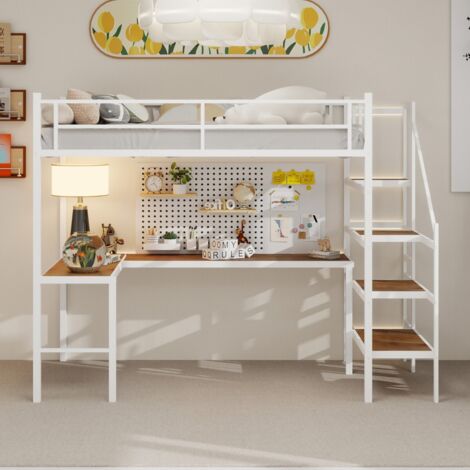 Lit mezzanine 90x190 cm avec bureau en L, grand rangement, étagères, escalier, rambarde continue, gain de place, silencieux - Blanc (sans Matelas)