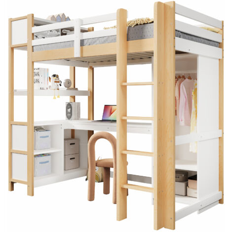 Lit mezzanine 90x200 avec bureau, lit enfant avec étagères et armoire, niches de rangement multiples, structure gain de place, bois, naturel