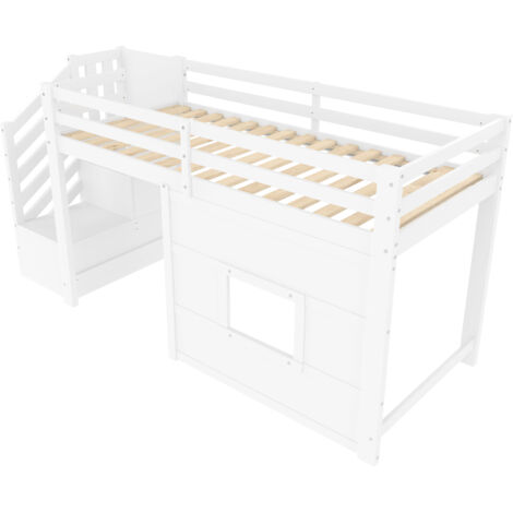 Lit mezzanine 90x200 avec escalier de rangement et fenêtre, structure robuste, gain de place pour chambre enfant, panneau bois, blanc